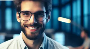 Homem cabelo castanho, de barba e óculos participando do programa de Hunting da Onebrain