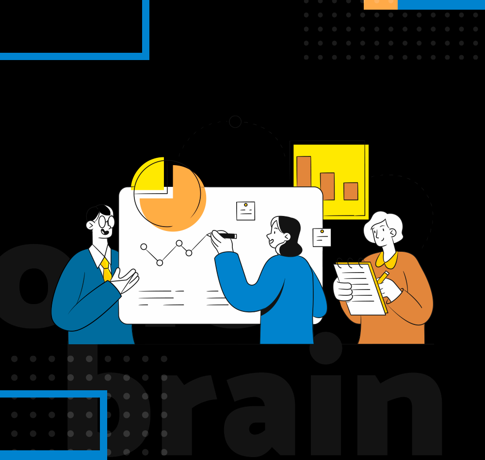 Drawing of three people measuring the positive result of IT advancement